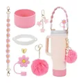 Pink Stanley cup accessory set with handle strap, straw cover, and floral charms - Girly Pink (Style 7)