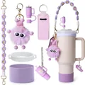 Paarse siliconen hoes en geweven bloemenband accessoires voor beker op witte achtergrond - Paars Gehaakte Lanyard Pluche Monster Beker Decoratie / Paars