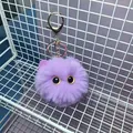Plush purple cat ball keychain with golden metal clasp and horseshoe ring - Purple