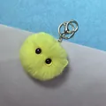 Neon yellow plush cat ball keychain with big black eyes and silver metal hardware - Yellow