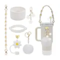 White 40oz insulated tumbler set with daisy strap, silicone boot, and floral charms - Off White (Style 10)