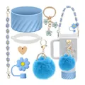 Set di accessori blu 7 pezzi per tazza Stanley con copri cannuccia a fiore e gancio - Stile Blu (Stile 1)