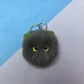 Grey plush cat ball keychain with large yellow eyes and green ears for bags - Dark Green