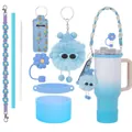 Set d'accessoires bleus pour gobelet avec sangle florale et protège-paille en silicone - Ensemble Dégradé Blanc Bleu (34)
