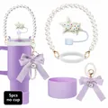 5pcs silicone cup accessory set with pearl handle, star straw cap, and purple boot - Lilac Purple Star Style (Set 1)
