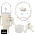 5-piece silicone cup accessory set with pearl handle, star straw cover and bow charm - Cream White Star Style (Set 2)