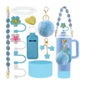 Blue letter accessories set for tumblers featuring pompom and flower straw covers - Blue Style