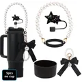 5-piece set of pearl chain handle, star straw cover, and bow charm for tumblers - Black Star Style (Set 4)