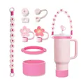 Pink accessories set for 30/40oz tumblers with woven handle and flower straw covers - Pink Sakura Style (Style 1)