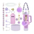 Lavender purple accessory set for water bottles including silicone boot and floral charms - Purple Character