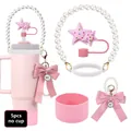Pink 5pcs silicone straw cover set with pearl chain handle and bow for water bottles - Pink Star Style (Set 5)
