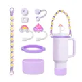 Lavender purple Stanley cup accessory set with beaded handle and silicone straw covers - Purple Daisy Style (Style 2)