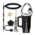 Black and leopard print silicone accessories kit including handle and boot for Stanley tumblers - Black Leopard (Style 1) / Black Cup Boot And Leopard Strap And Leopard Tassel And Flower Straw Cover And Heart Buckle