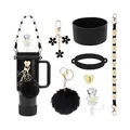 All-black accessories set for Stanley tumblers including straw cover and floral chain - Style 1