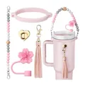 Pink silicone accessory set for Stanley cup with flower straw cover and beaded handle - Pink Sakura (Style 2) / Pink Cup Boot And Pink White Strap And Pink Tassel And Sakura Straw Cover And Heart Buckle