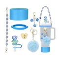 Sky blue Stanley cup accessory set with letter R heart tag and floral straw cover - Style 2
