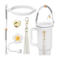 5-piece white silicone cup accessory set with daisy straw cover and beaded tassel charm - White Daisy (Style 3) / White Cup Boot And White Gray Strap And White Tassel And Daisy Straw Cover And Heart Buckle