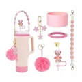 Pink 26-letter charm set for 30oz 40oz tumblers with silicone boot and floral straw cover - Style 3