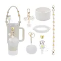 Cream white water bottle accessory set with daisy straps and straw covers for 40oz tumblers - Style 6