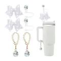 Glittery white butterfly straw cover set with gold chains for Stanley cups - White Accessories Set (No Cup)