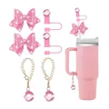 Pink glitter butterfly straw cover set for large capacity tumblers with crystal charms - Pink Tumbler and Accessories Set