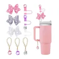 Pink tumbler set with glitter bows and sparkling crystal straw covers accessories - Pink Tumbler and Mixed Color Accessories Set
