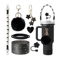 Black glittery Stanley cup accessory set with daisy strap and heart straw cover - Black Style (Style 1)