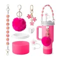 Pink 7-piece accessory set for Stanley tumblers including silicone boot and straw cover - Pink Cherry Blossom Style (Style 2)