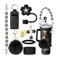 Black Stanley cup accessory set featuring daisy strap, straw cover, and silicone boot - Style 1 Black Series