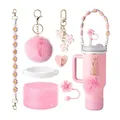Pink Stanley cup accessory set with daisy lanyard, pompom, and silicone boot - Light Pink Daisy Style (Style 4)