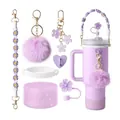 Paarse Stanley cup accessoireset met bloemenkoord, pompon en siliconen hoes - Paarse Stijl (Stijl 5)