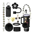 Black Stanley cup accessory set with daisy charm strap and silicone boot for 40oz tumblers - Style 1-Black Floral Set