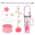 Set de accesorios rosa para vasos de 30oz/40oz con tapa de pajita y correas de flores - Juego de Accesorios Florales Rosas (Estilo 1)