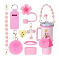Pink sakura Stanley cup accessory set with floral silicone cover and fuzzy ball keychain - Style 5 Light Pink Series