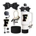 Set d'accessoires avec nœud à paillettes noires et breloque lettre F pour gobelet - Style F