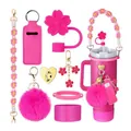 Hot pink alphabet charm set with pompom, straw cover and sleeve for Stanley tumbler - Style 7 Rose Red Series