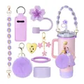 Purple Stanley tumbler accessory kit with silicone boot, straw cover, and flower bead charm - Style 6-Purple Floral Set