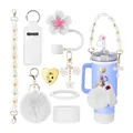 Light blue tumbler accessory set with daisy charm, handle strap and straw cover - Style 8 Light Blue Series