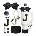 Kit d'accessoires noir et or pour tasse Stanley avec nœud pailleté et breloque J - Style J