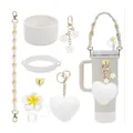 Pink Stanley cup accessory set with floral strap and silicone straw topper for 40oz tumblers - Fresh White Pastoral Style (5798420744791)