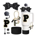 Gobelet blanc avec nœuds pailletés noirs, couvre-paille fleur et porte-clé lettre P - Style P
