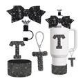 Μαύρο σετ αξεσουάρ Stanley Cup με γκλίτερ φιόγκο, καπάκι καλαμιού και γούρι γράμμα T - Στυλ Γράμματος Τ