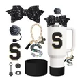 Kit d'accessoires pour gobelet blanc avec nœud noir à paillettes et paille rose - Style S
