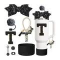 Set de 7 accessoires noir et blanc pour gobelet 40oz avec nœud à paillettes et base silicone - Style T