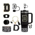 Set di accessori neri per tazza Stanley con lettera D, copri cannuccia e base in silicone - Stile D