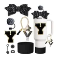 Kit d'accessoires Stanley Cup noir et doré avec lettre Y et nœud à paillettes - Style Y