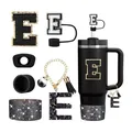 Set de accesorios negros para vaso de 40oz con colgante letra E y funda de silicona - Estilo E