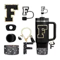Vaso térmico negro 40oz con colgante letra F, tapa de pajita y funda de silicona brillante - Estilo F