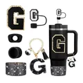 Set de accesorios letra G para vaso de 40oz con funda de silicona negra y tapa de paja - Estilo G