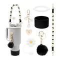 Zubehör-Set für grauen 40oz Becher mit Gänseblümchen-Strohhalmdeckel und Blumenbändern - Schwarz Weiß Gänseblümchen Grau Thema (Stil 1)